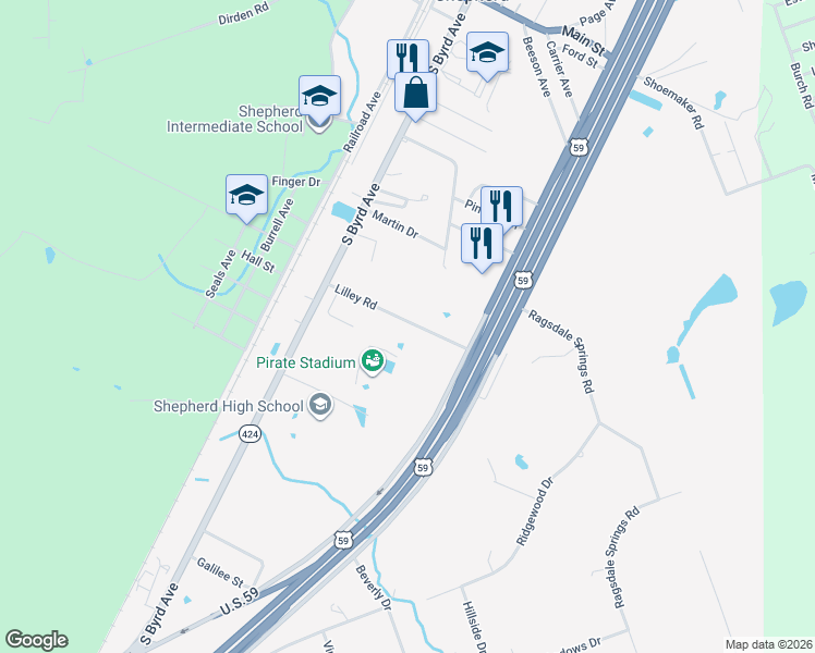 map of restaurants, bars, coffee shops, grocery stores, and more near 1010 Lilley Road in Shepherd