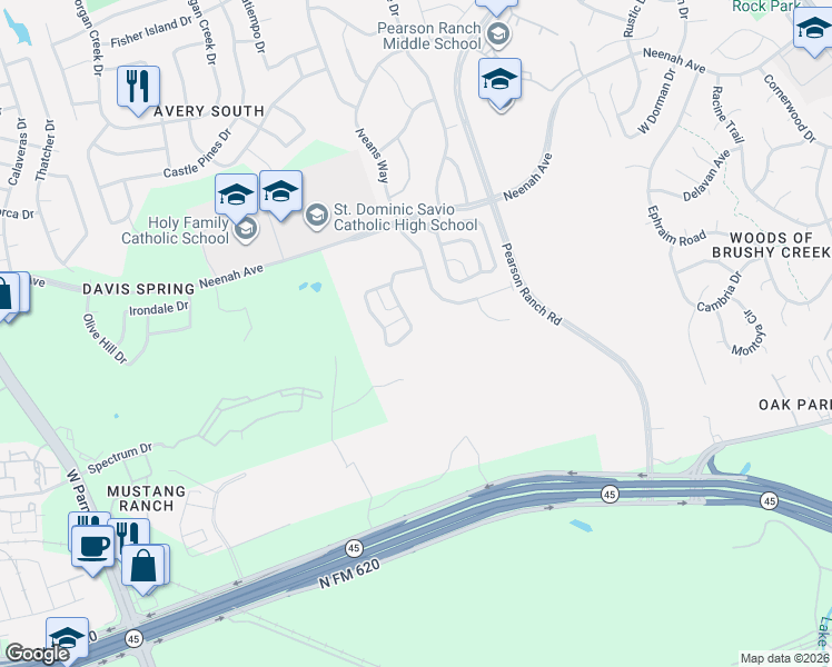 map of restaurants, bars, coffee shops, grocery stores, and more near 9509 McKnight Loop in Austin