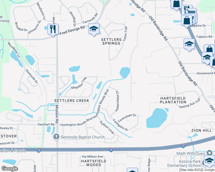 map of restaurants, bars, coffee shops, grocery stores, and more near 3208 Huntington Woods Boulevard in Tallahassee