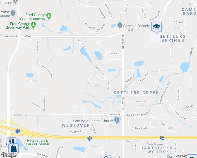 map of restaurants, bars, coffee shops, grocery stores, and more near 3295 Woodbriar Lane in Tallahassee