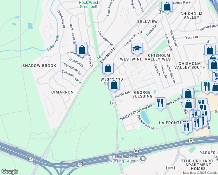 map of restaurants, bars, coffee shops, grocery stores, and more near 2502 County Road 172 in Round Rock