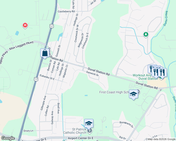 map of restaurants, bars, coffee shops, grocery stores, and more near 303 Sanwick Drive in Jacksonville