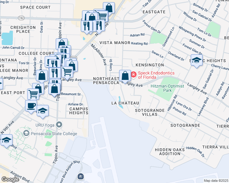 map of restaurants, bars, coffee shops, grocery stores, and more near 6233 Chablis Ln in Pensacola