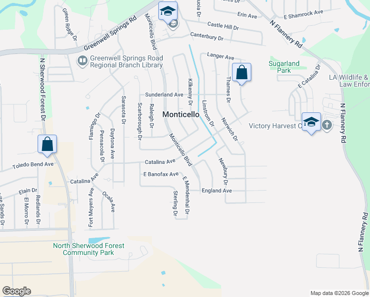 map of restaurants, bars, coffee shops, grocery stores, and more near 3767 Monticello Boulevard in Baton Rouge
