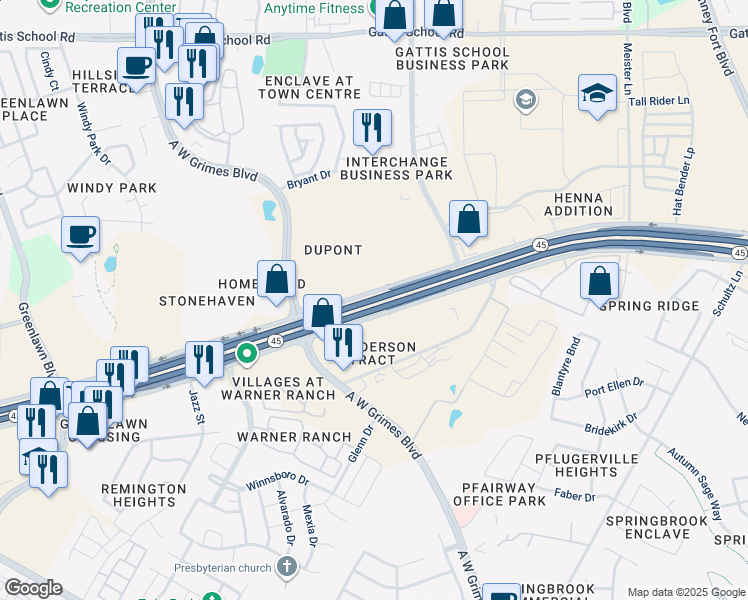 map of restaurants, bars, coffee shops, grocery stores, and more near Texas 45 in Round Rock