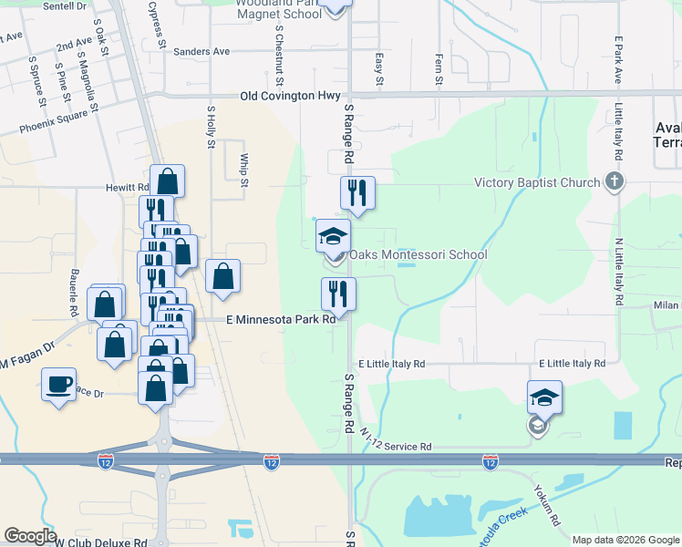 map of restaurants, bars, coffee shops, grocery stores, and more near 43250 Creek Circle in Hammond