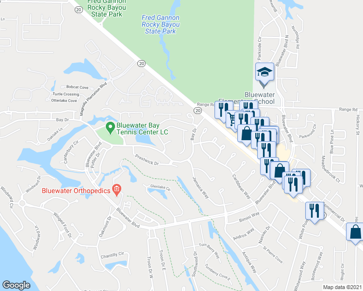 map of restaurants, bars, coffee shops, grocery stores, and more near 156 Bermuda Circle North in Niceville