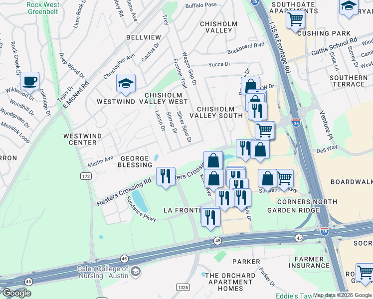 map of restaurants, bars, coffee shops, grocery stores, and more near 703 Broken Bow Drive in Round Rock