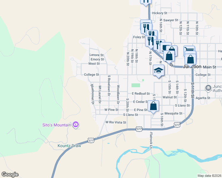 map of restaurants, bars, coffee shops, grocery stores, and more near 301 West Redbud Street in Junction