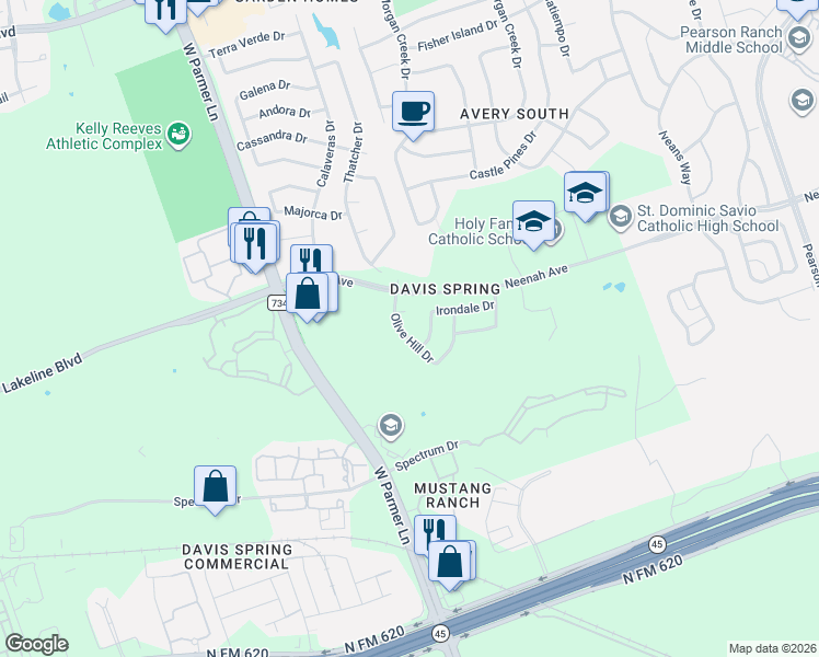 map of restaurants, bars, coffee shops, grocery stores, and more near 14701 Irondale Drive in Austin