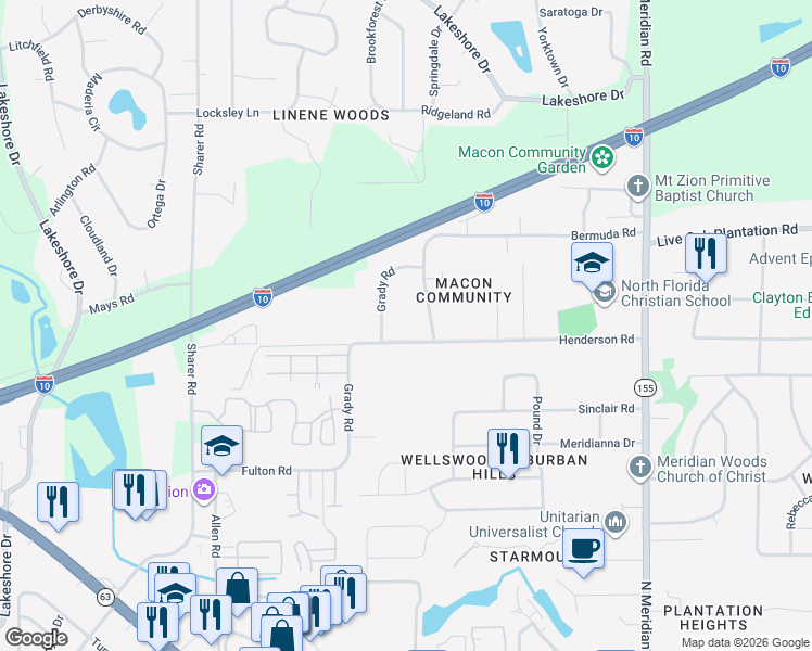 map of restaurants, bars, coffee shops, grocery stores, and more near 125 Henderson Road in Tallahassee