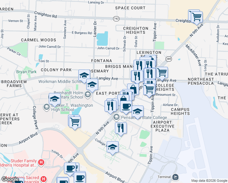 map of restaurants, bars, coffee shops, grocery stores, and more near 917 Kenny Drive in Pensacola