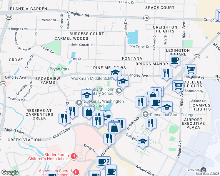 map of restaurants, bars, coffee shops, grocery stores, and more near 6299 Lanier Drive in Pensacola