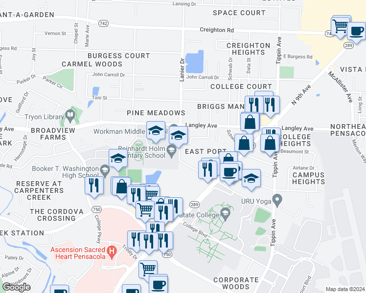 map of restaurants, bars, coffee shops, grocery stores, and more near 6170 Lanier Drive in Pensacola