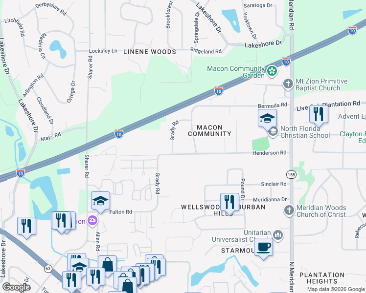 map of restaurants, bars, coffee shops, grocery stores, and more near 125 Henderson Road in Tallahassee