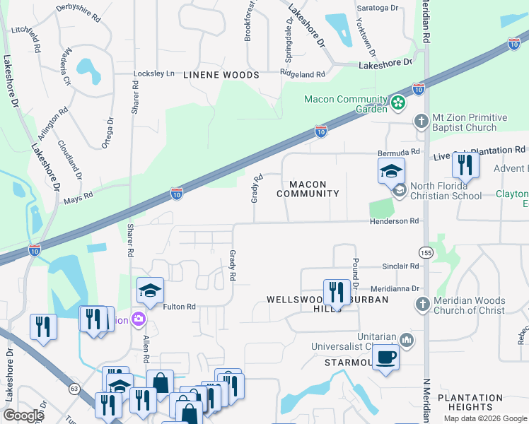map of restaurants, bars, coffee shops, grocery stores, and more near 125 Henderson Road in Tallahassee