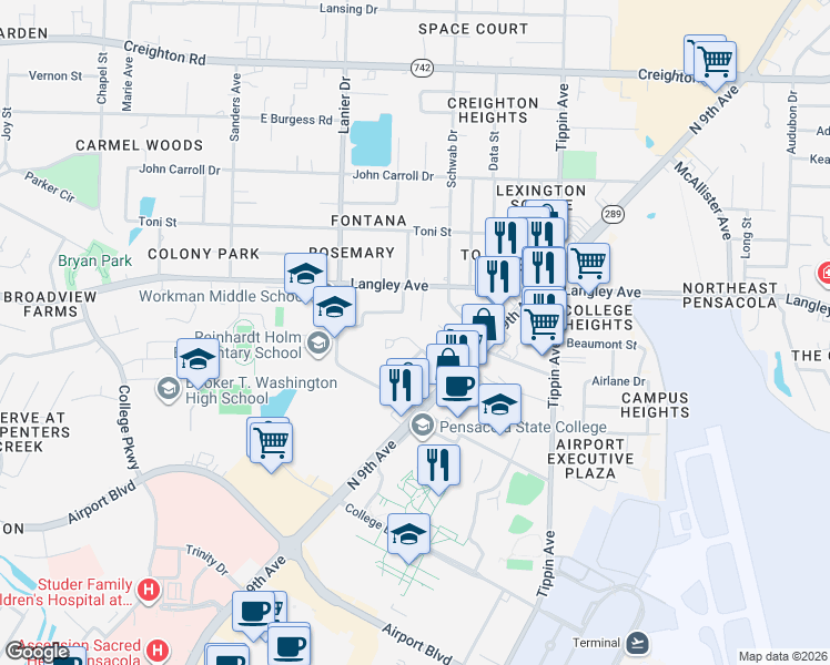 map of restaurants, bars, coffee shops, grocery stores, and more near 917 Kenny Drive in Pensacola