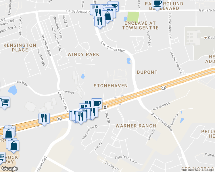 map of restaurants, bars, coffee shops, grocery stores, and more near 650 Louis Henna Boulevard in Round Rock