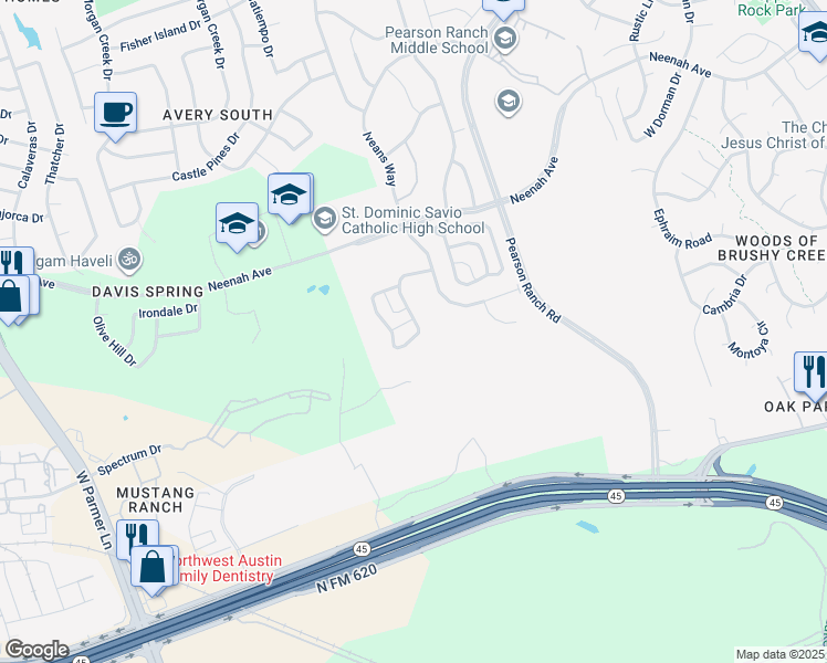 map of restaurants, bars, coffee shops, grocery stores, and more near 9606 McKnight Loop in Austin