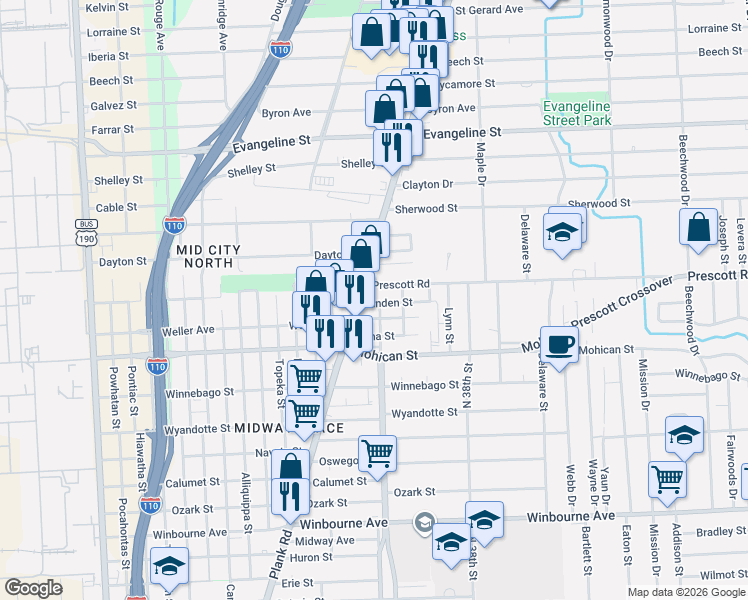 map of restaurants, bars, coffee shops, grocery stores, and more near 3315 Weller Avenue in Baton Rouge