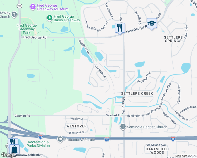map of restaurants, bars, coffee shops, grocery stores, and more near 3295 Woodbriar Lane in Tallahassee