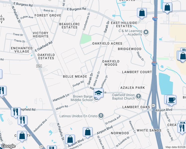 map of restaurants, bars, coffee shops, grocery stores, and more near 5906 Sarah Drive in Pensacola