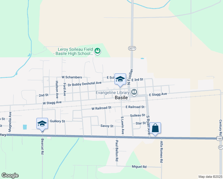 map of restaurants, bars, coffee shops, grocery stores, and more near 2835 2nd Street in Basile