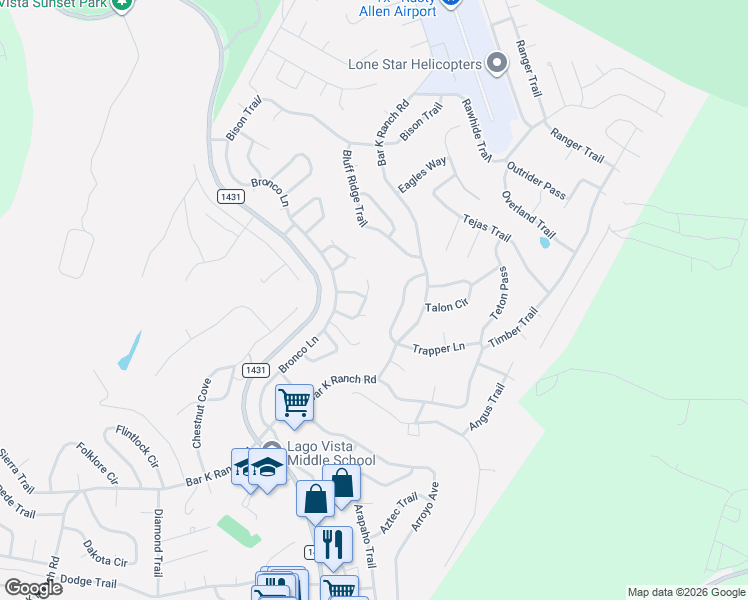 map of restaurants, bars, coffee shops, grocery stores, and more near 8412 Bronco Buster Trail in Lago Vista