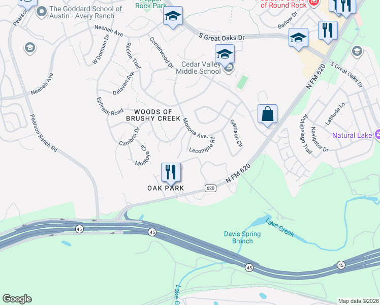 map of restaurants, bars, coffee shops, grocery stores, and more near 15603 Poynette Place in Austin