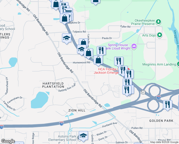 map of restaurants, bars, coffee shops, grocery stores, and more near 1609 Misty Garden Way in Tallahassee