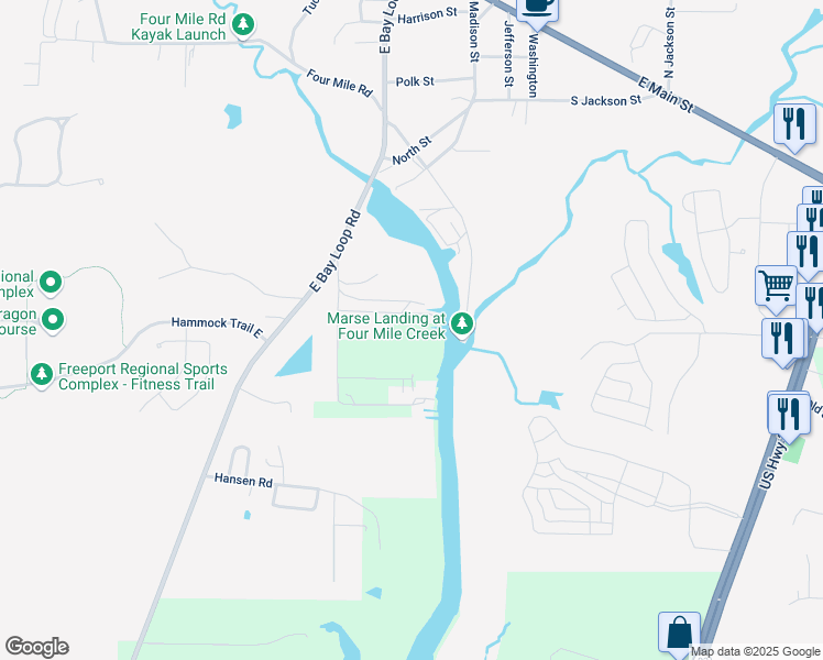 map of restaurants, bars, coffee shops, grocery stores, and more near 126 Hales Lane in Freeport