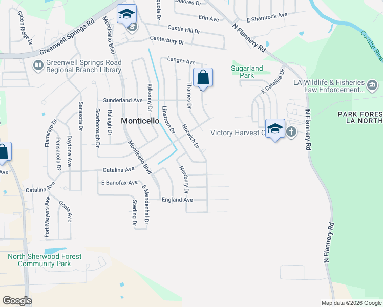 map of restaurants, bars, coffee shops, grocery stores, and more near 3835 Linstrom Drive in Baton Rouge