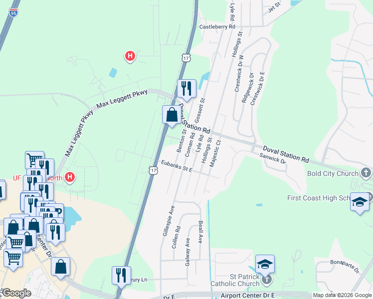 map of restaurants, bars, coffee shops, grocery stores, and more near 13712 Coman Road in Jacksonville
