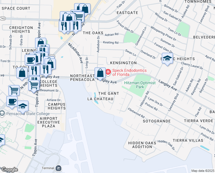 map of restaurants, bars, coffee shops, grocery stores, and more near 6187 Alicia Drive in Pensacola