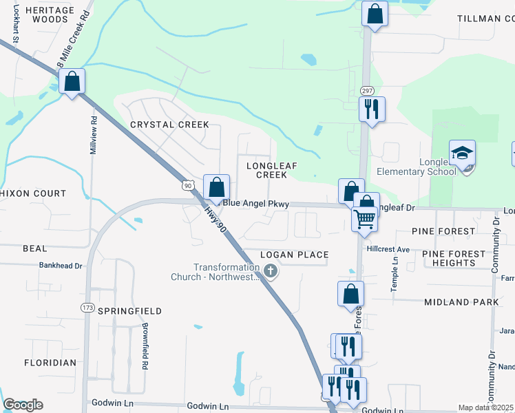 map of restaurants, bars, coffee shops, grocery stores, and more near 7111 North Blue Angel Parkway in Pensacola