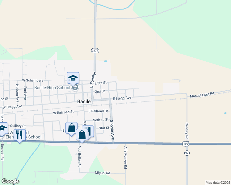 map of restaurants, bars, coffee shops, grocery stores, and more near 3400-3498 East Stagg Avenue in Basile