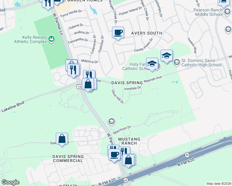 map of restaurants, bars, coffee shops, grocery stores, and more near 14701 Irondale Drive in Austin