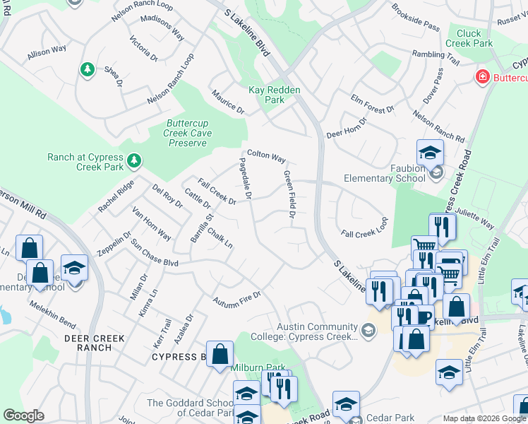 map of restaurants, bars, coffee shops, grocery stores, and more near 1616 Menteer Drive in Cedar Park