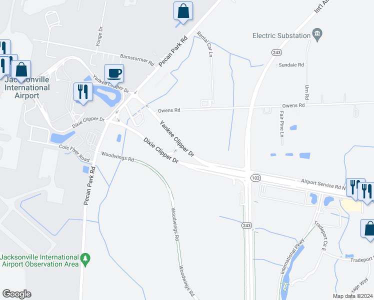 map of restaurants, bars, coffee shops, grocery stores, and more near Dixie Clipper Drive in Jacksonville