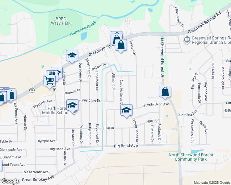 map of restaurants, bars, coffee shops, grocery stores, and more near 4014 Hillmont Drive in Baton Rouge