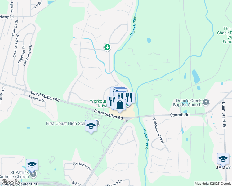 map of restaurants, bars, coffee shops, grocery stores, and more near 709 Indigo Run Drive in Jacksonville