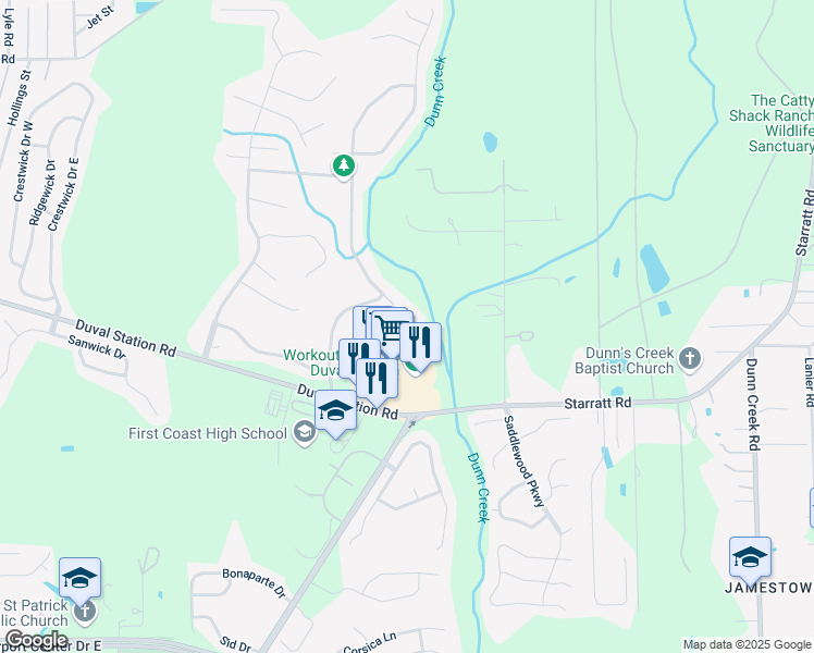 map of restaurants, bars, coffee shops, grocery stores, and more near 748 Indigo Run Drive in Jacksonville