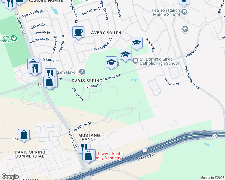 map of restaurants, bars, coffee shops, grocery stores, and more near 14912 Solera Drive in Austin