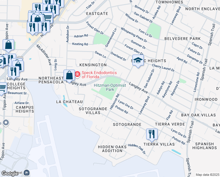 map of restaurants, bars, coffee shops, grocery stores, and more near 3221 Langley Avenue in Pensacola