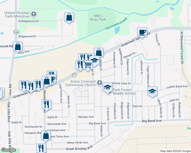map of restaurants, bars, coffee shops, grocery stores, and more near 4006 Platt Drive in Baton Rouge