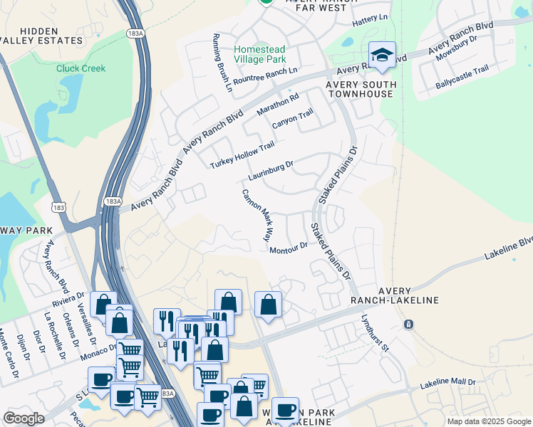 map of restaurants, bars, coffee shops, grocery stores, and more near 8213 Cannon Mark Way in Austin