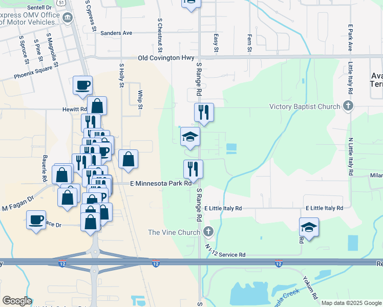 map of restaurants, bars, coffee shops, grocery stores, and more near 43283 South Range Road in Hammond