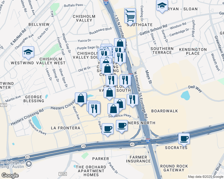 map of restaurants, bars, coffee shops, grocery stores, and more near 398 Hesters Crossing Road in Round Rock