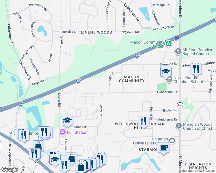 map of restaurants, bars, coffee shops, grocery stores, and more near 3018 Grady Road in Tallahassee