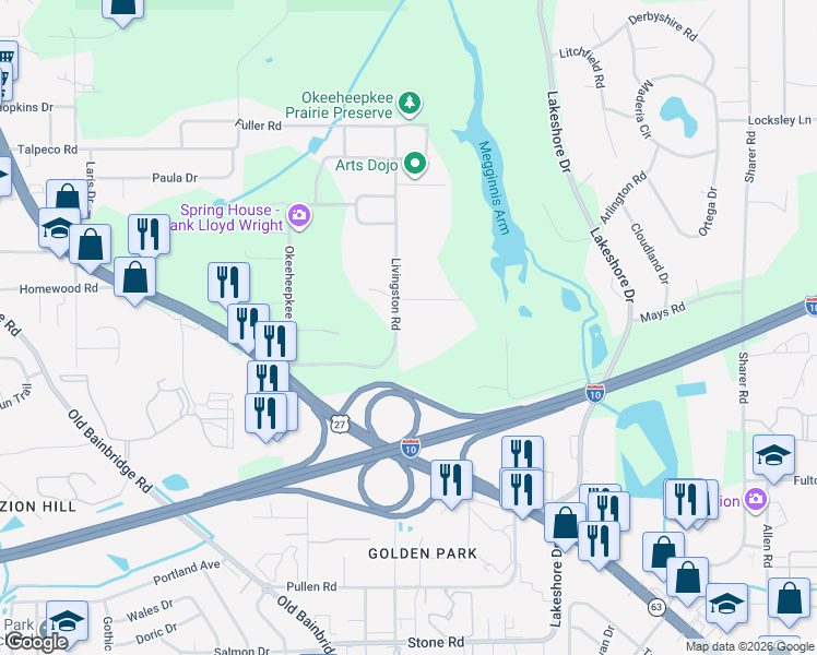 map of restaurants, bars, coffee shops, grocery stores, and more near 3047 Livingston Road in Tallahassee